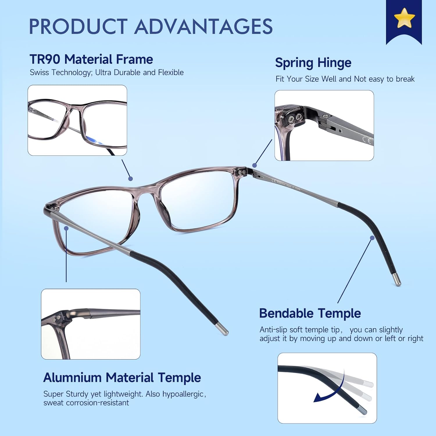 SKYOAK 2 Pack Premium Lightweight Progressive Multifocus Reading Glasses Men, Aluminum Arm TR90 Frame Blue Light Blocking Spring Hinge Computer Readers(for Mid-Near Range approx 3ft,+2.5) - Image 5