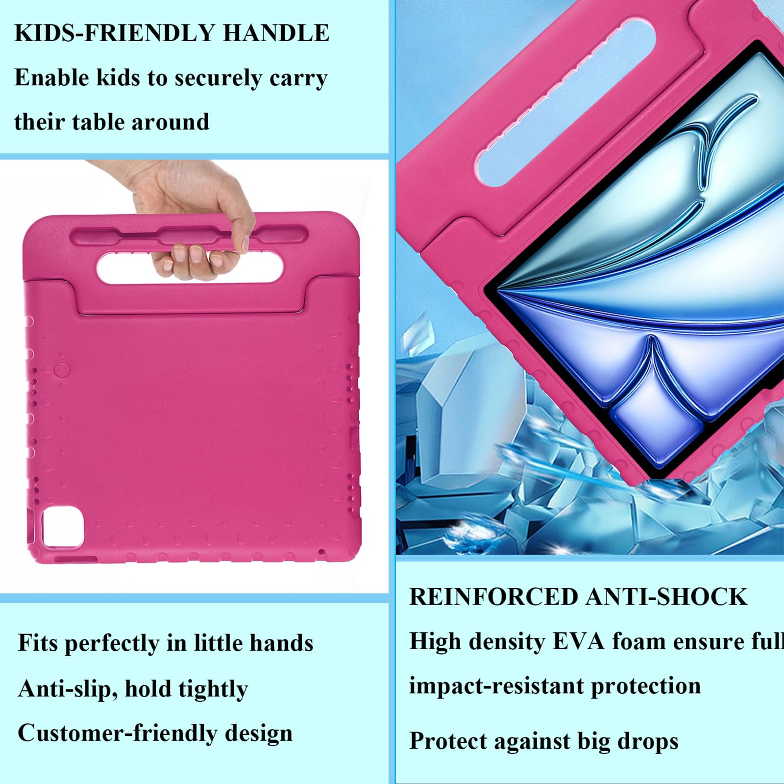 Custodia per bambini per iPad Pro 11" M4 (2024) (modello: A2836/A2837/A3006) (5a generazione) con maniglia/cavalletto/portamatite/supporto girevole a 180°, custodia antiurto in morbida EVA