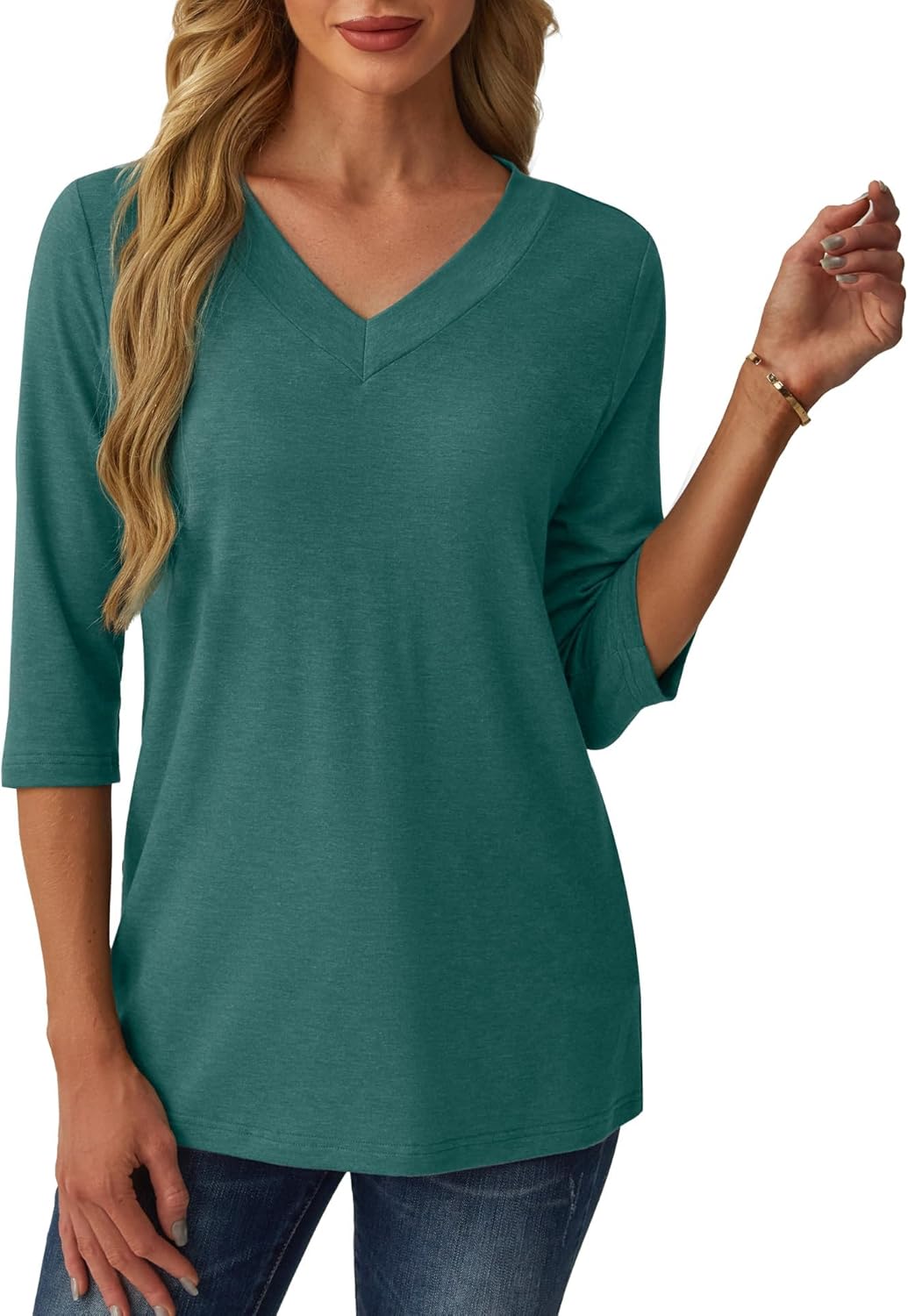 3/4 Length Sleeve Womens Tops V Neck Casual Tunic Loose Fit Basic Shirts Trendy Tops for Women 2025 - Image 2