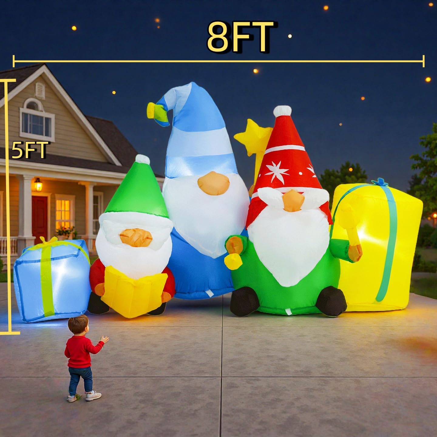 8FTChristmas Inflatable Outdoor Decoration – Gnome Decoration, 3-Piece Giant Light-Up Gnome Set with Gifts, Built-in LED Lights, Suitable for Yard, Lawn, Indoor Holiday Decor