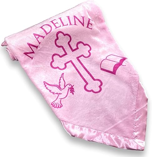 Miniatura 7 de Manta de regalo para bebés niños o niñas para bautismo. Diseño personalizado religioso cruz y biblia, Rosado