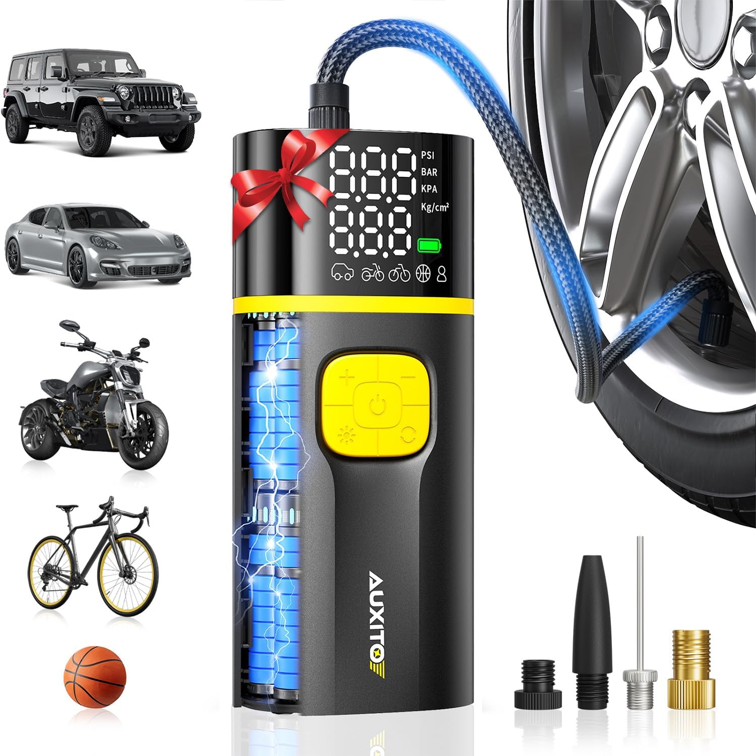 AUXITO A502 Tire Inflator Portable Air Compressor - 150PSI Dual Cylinder 7800 mAh & 12V DC, Bike Pump Air Pump for Car, Truck, Bike, Motorcycle with Digital Tire Pressure Gauge, Car Gifts for Men thumbnail