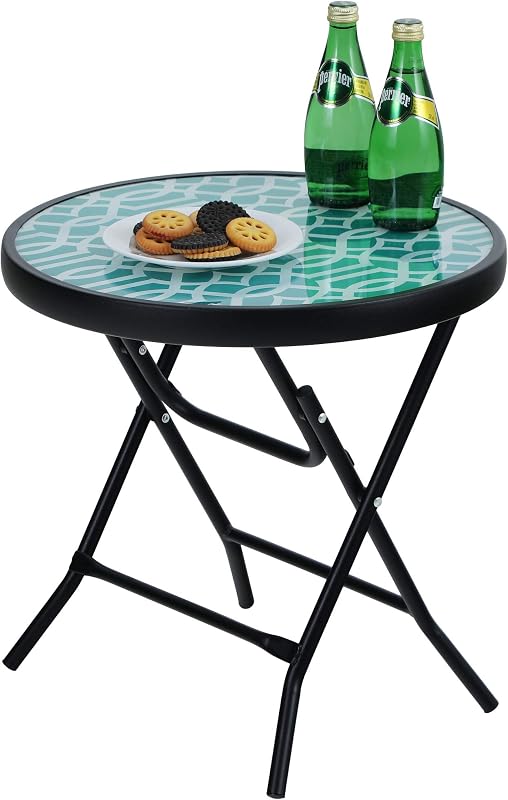PHI VILLA Folding Side Table, Foldable Coffee Outdoor Garden Small Round Patio Table - Turquoise