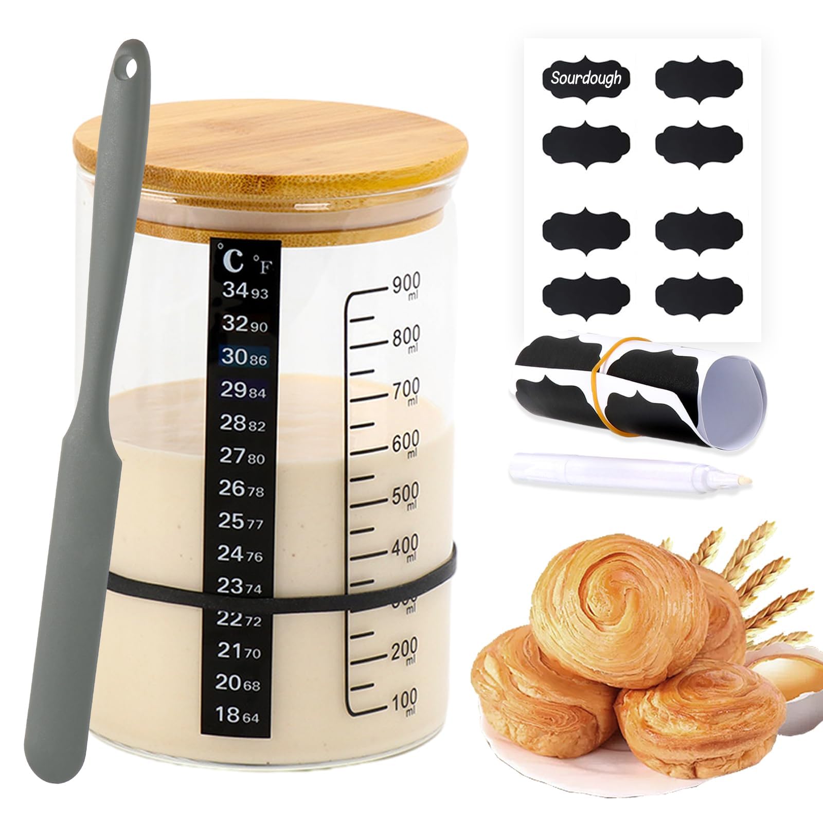 Sourdough Starter Jar Kit, 900ml Wide Mouth Sour Dough Starter Container with Date Marked Feeding Band, Thermometer, Scraper, Sticker, Marker Pen Bamboo Lid, Use for Sourdough Bread Baking Supplies