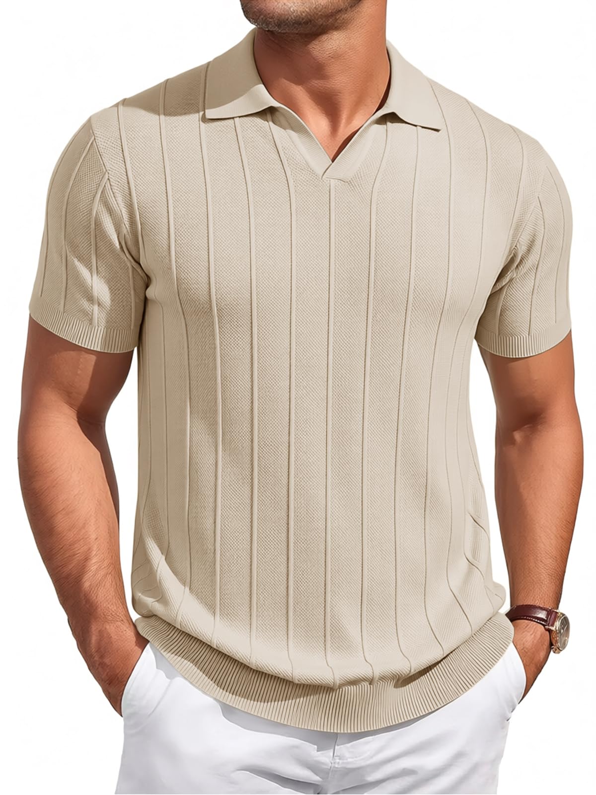 Runcati Herren Poloshirt Sommer Kurzarm Strick Polohemd Männer Einfarbig Knopfleiste T-Shirts Slim Fit Sport Golf Shirt Casual Basic Poloshirts Khaki M