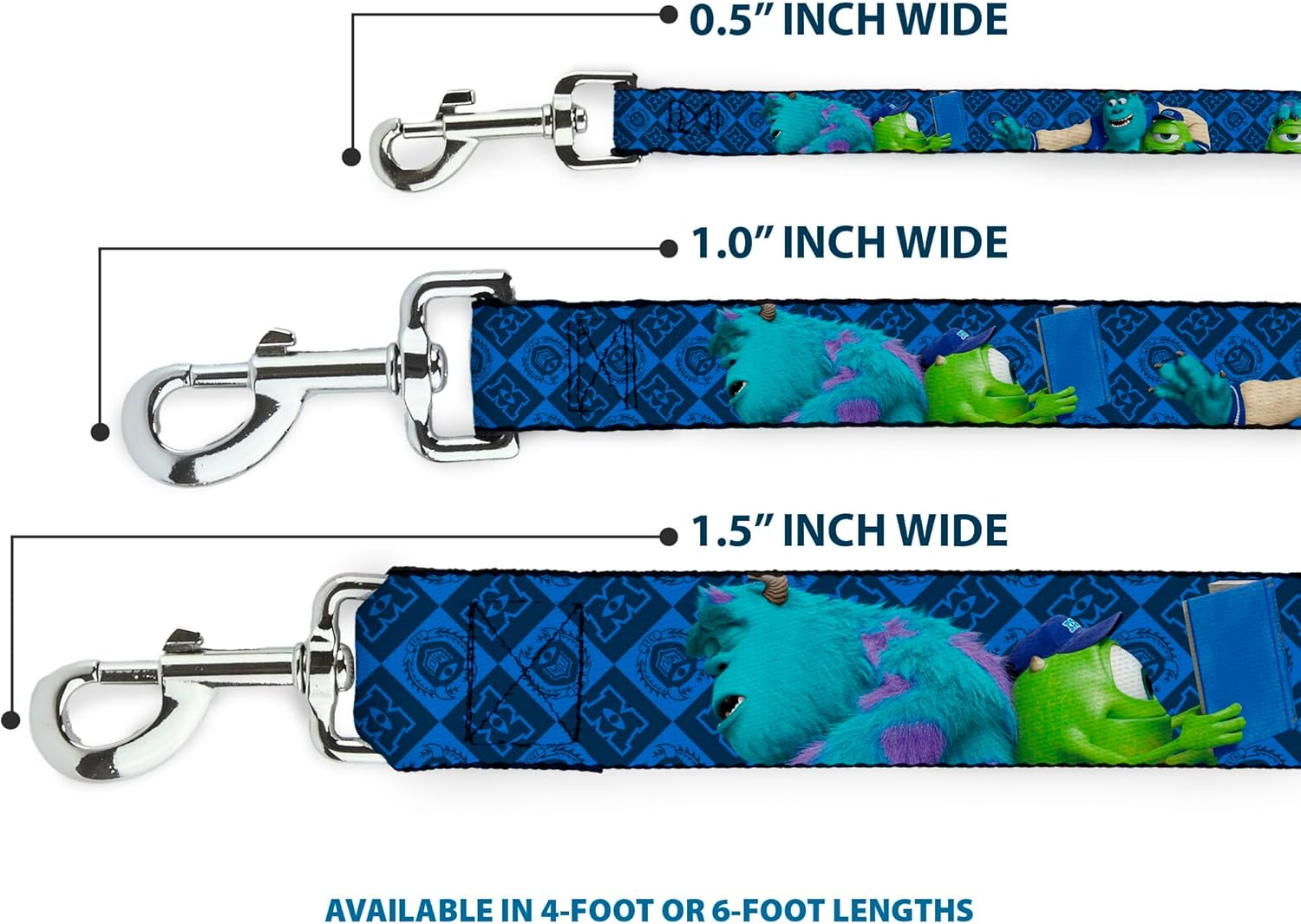 Buckle-Down Pet Leash - Monsters University Sulley & Mike Poses/Checkers Blue - 6 Feet Long - 1" Wide