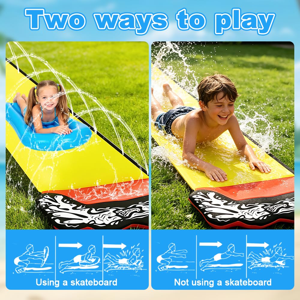 Toboggan Aquatique, 480 x 71 cm Toboggan pour Pelouse avec 2 Planches Gonflables, Toboggan de Pelouse d'été avec Arroseur Intégré pour Pelouse et Jeux d'eau en Extérieur