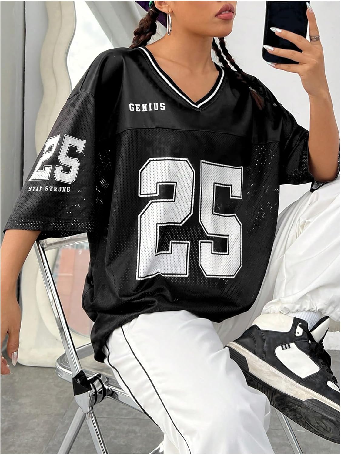 SOLY HUX Women's Y2k Baggy T-Shirts V Neck Half Sleeve Sportswear Tees Jersey Top Streetwear - Image 3