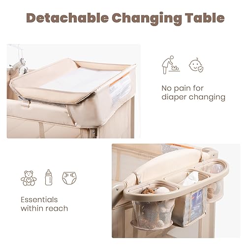 Miniatura 6 de Moisés para Bebé Durmiente de Cabecera, Cuna Portátil de Cabecera 4 en 1 con Colchón, Cambiador de Pañales, Cesta de Almacenamiento, Caja de Música,