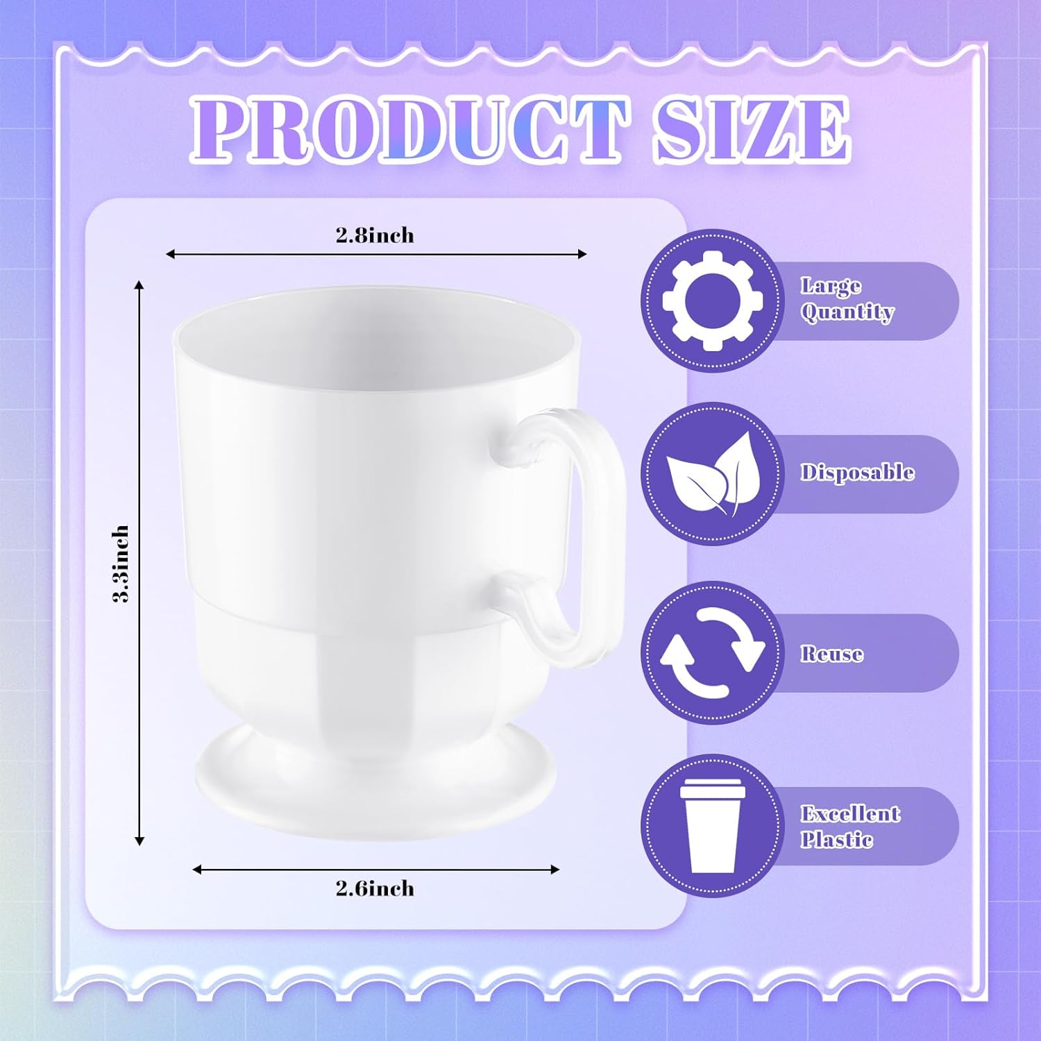 Dandat 50 Pcs White Hard Plastic Coffee Cup Tea Party Cup with Handle 8 oz Disposable Coffee Mug Bulk Reusable Espresso Mug for Tea Party School DIY Craft Birthday Dessert - Image 2