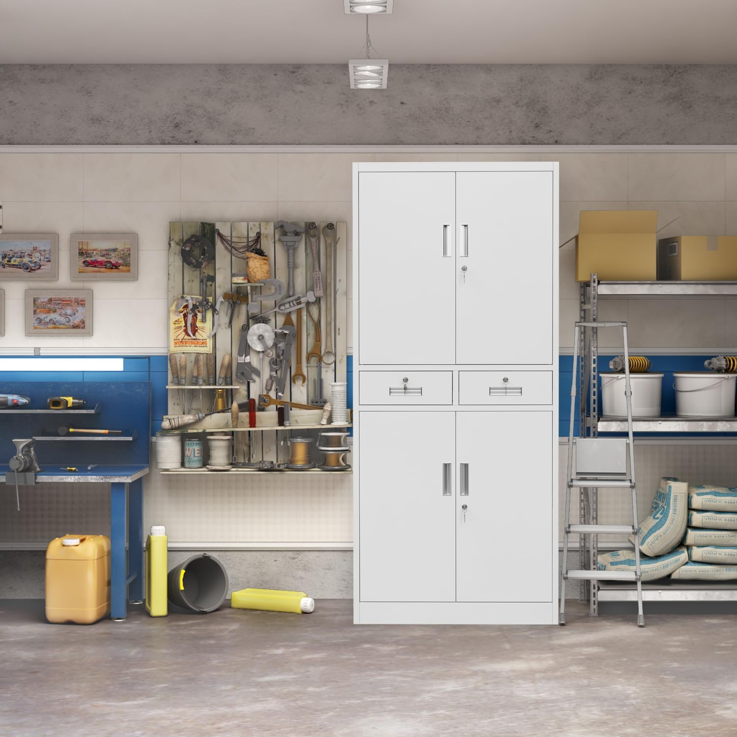 71" H Tall Metal Storage Cabinet with 2 Drawers, Metal Garage Storage Cabinet with Lock and 2 Adjustable Shelves for Home, Office, Garage, Warehouse Organize, White