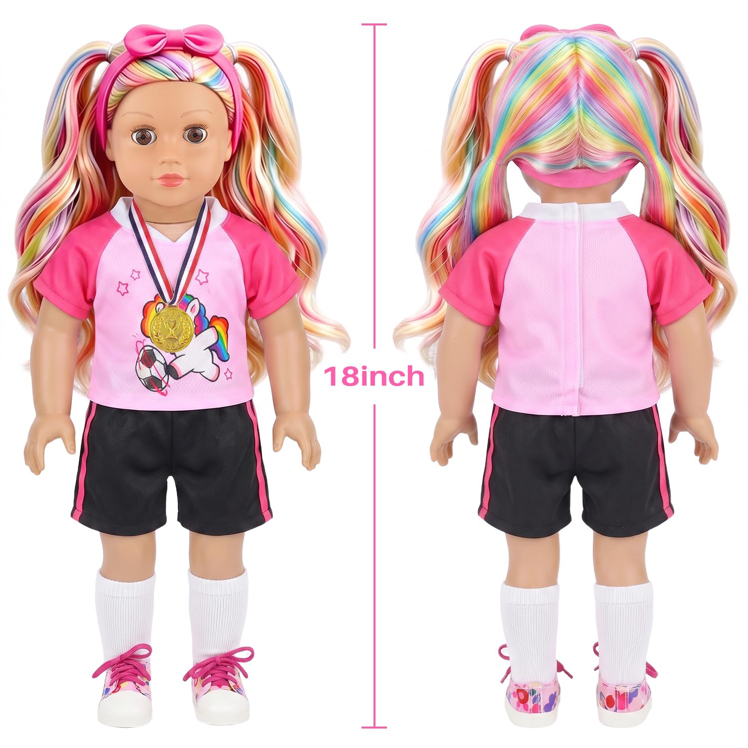 Ecore Fun American 45,7 cm Puppenfußballspieler-Kleidung und Zubehör | 7-teiliges 45,7 cm großes Mädchen-Puppen-Fußball-Trainings-Set enthält Trikot, Schuhe, Stirnband, Mini-Fußball und Rucksack