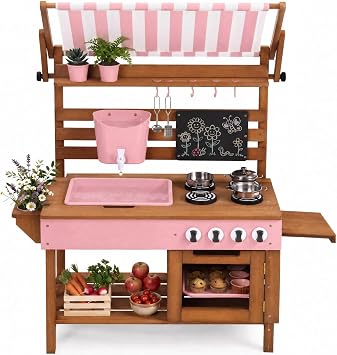 Best Choice Products Mud Kitchen for Kids Outdoor, Deluxe Wooden Play Kitchen with Canopy, Water Tank & Faucet, Sink, 14-Piece Accessories, Gardening Toy, Backyard Pretend Cooking Set - Pink