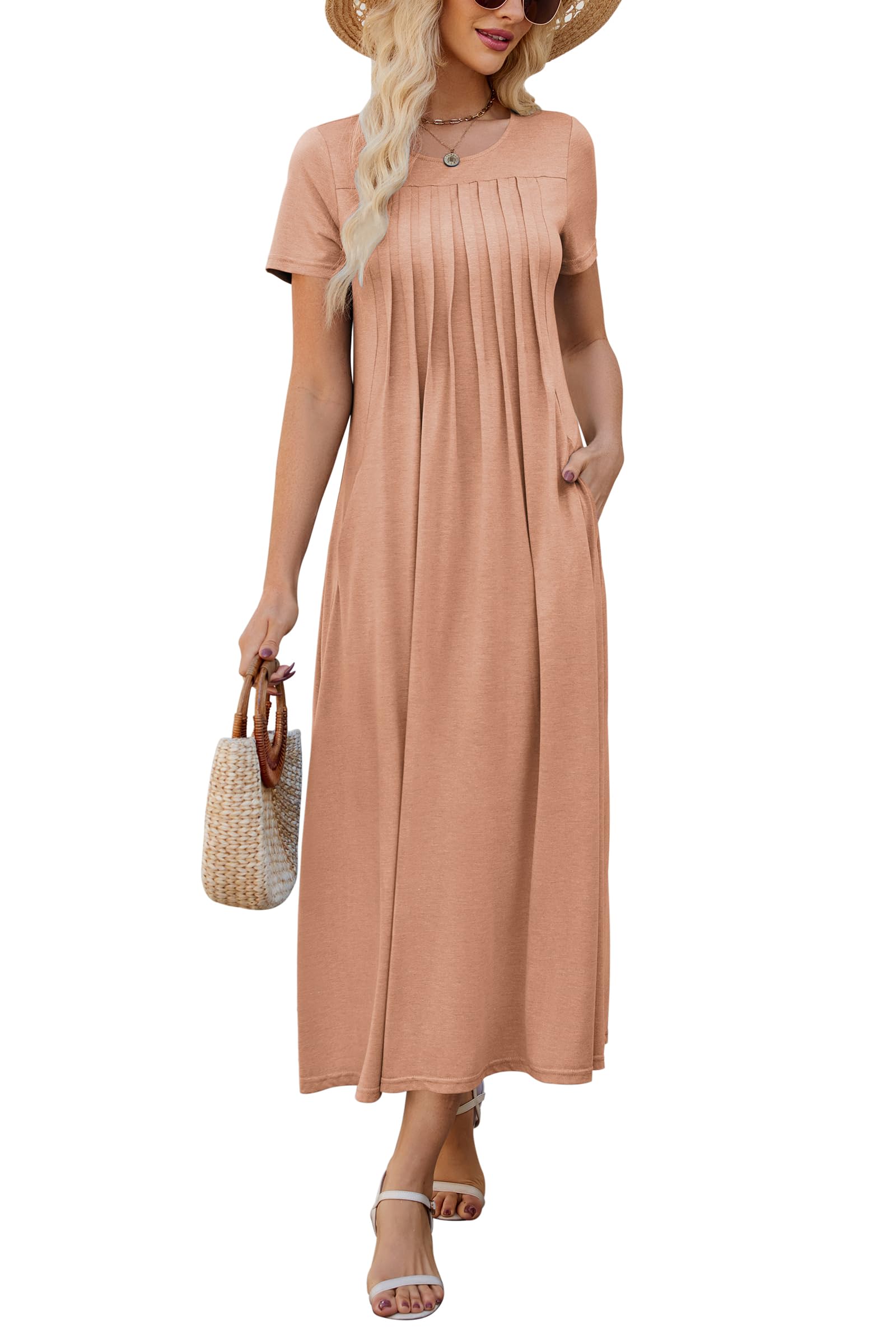 KILIG Sommerkleid Damen Lang Pleated Kurzarm Sommer Kleider