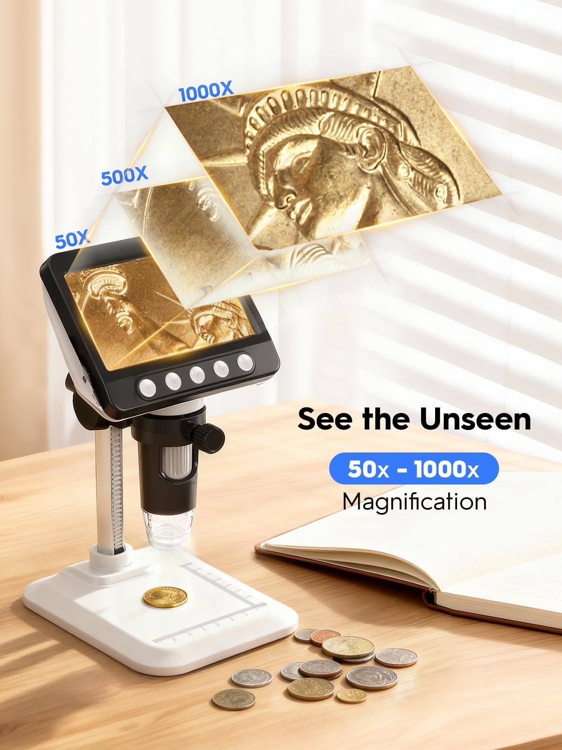 Coin Microscope for Error Coins, 4.3 inches 1080P LCD Digital Microscope, 50x-1000x Magnifier with 8 Adjustable LED Lights, PC View, Compatible with MacOS Windows for Adults Kids