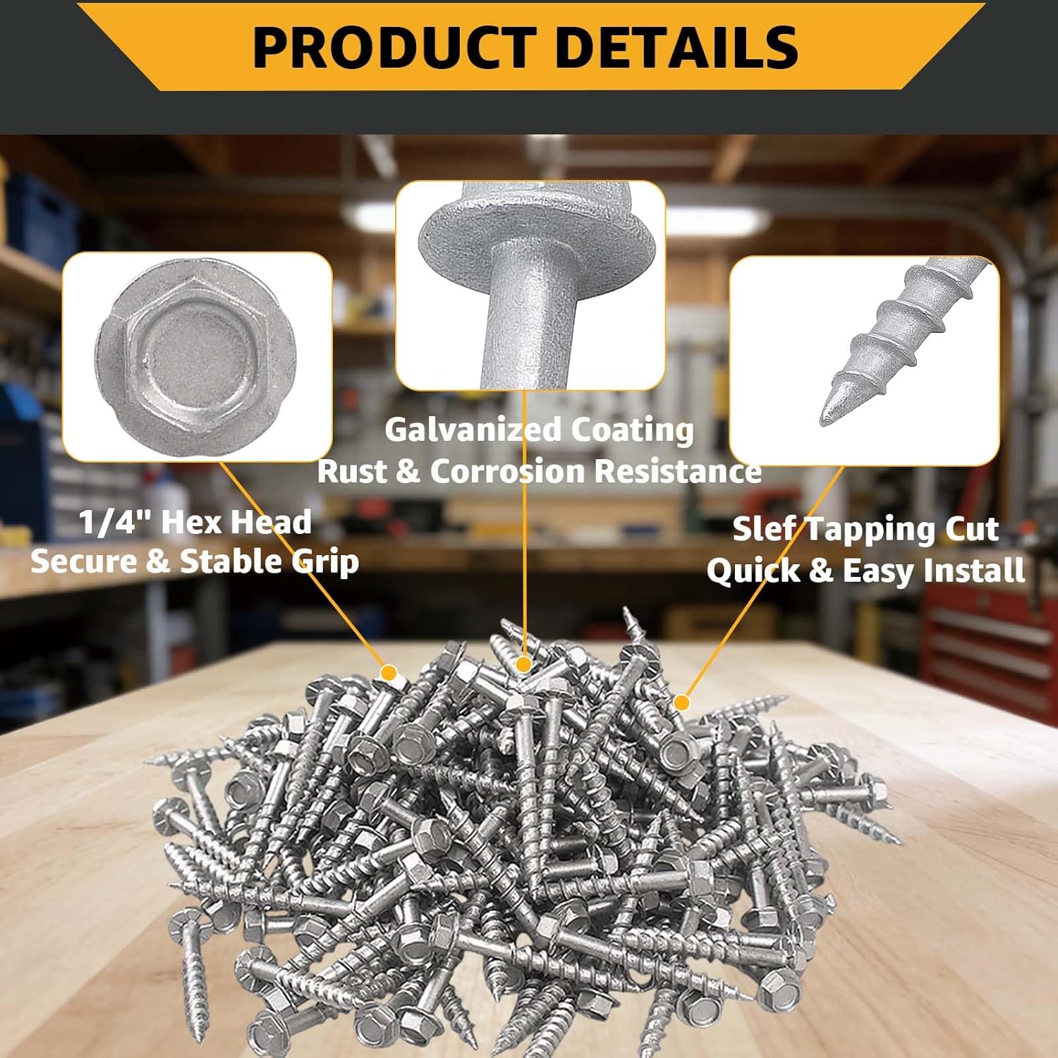 Connector Screws #9 x 1-1/2" Heavy-Duty Joist Hanger Screws 1/4" Hex Head Wood Screws 0.370" Dia Deck Screw Replacement for 9112R100 10D Nails Includes Tool Sockets 200-Qty