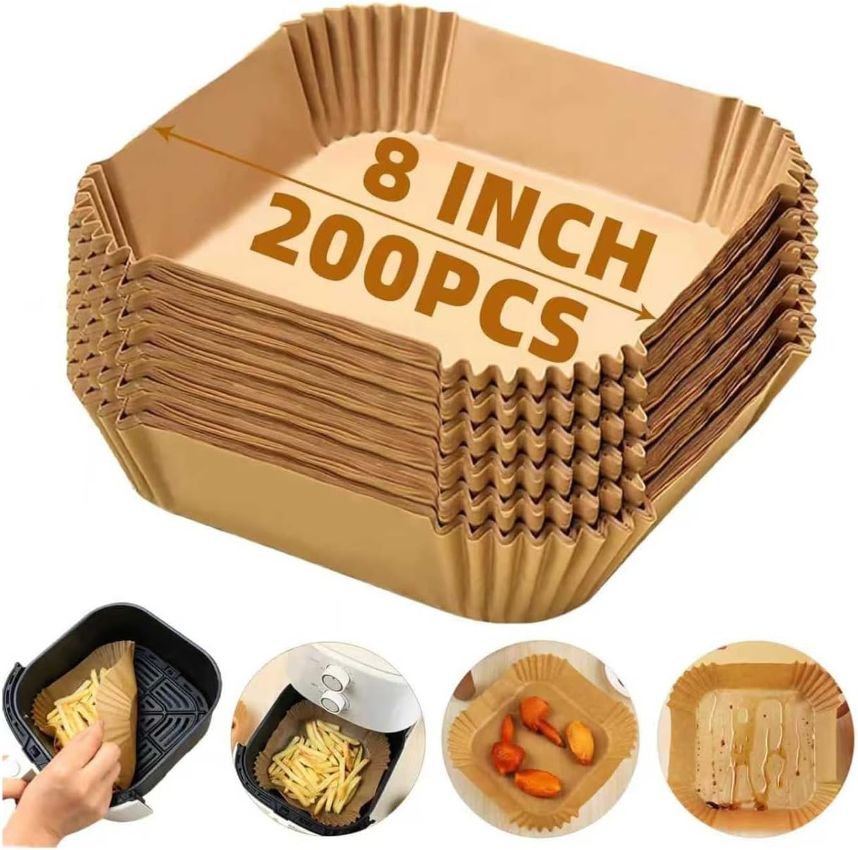 Air Fryer Liners Disposable,200PCS 8 Inch Square Air Fryer Parchment Paper Liners for 2-5QT Air fryer,Non-Stick Waterproof Airfryer Paper Liner
