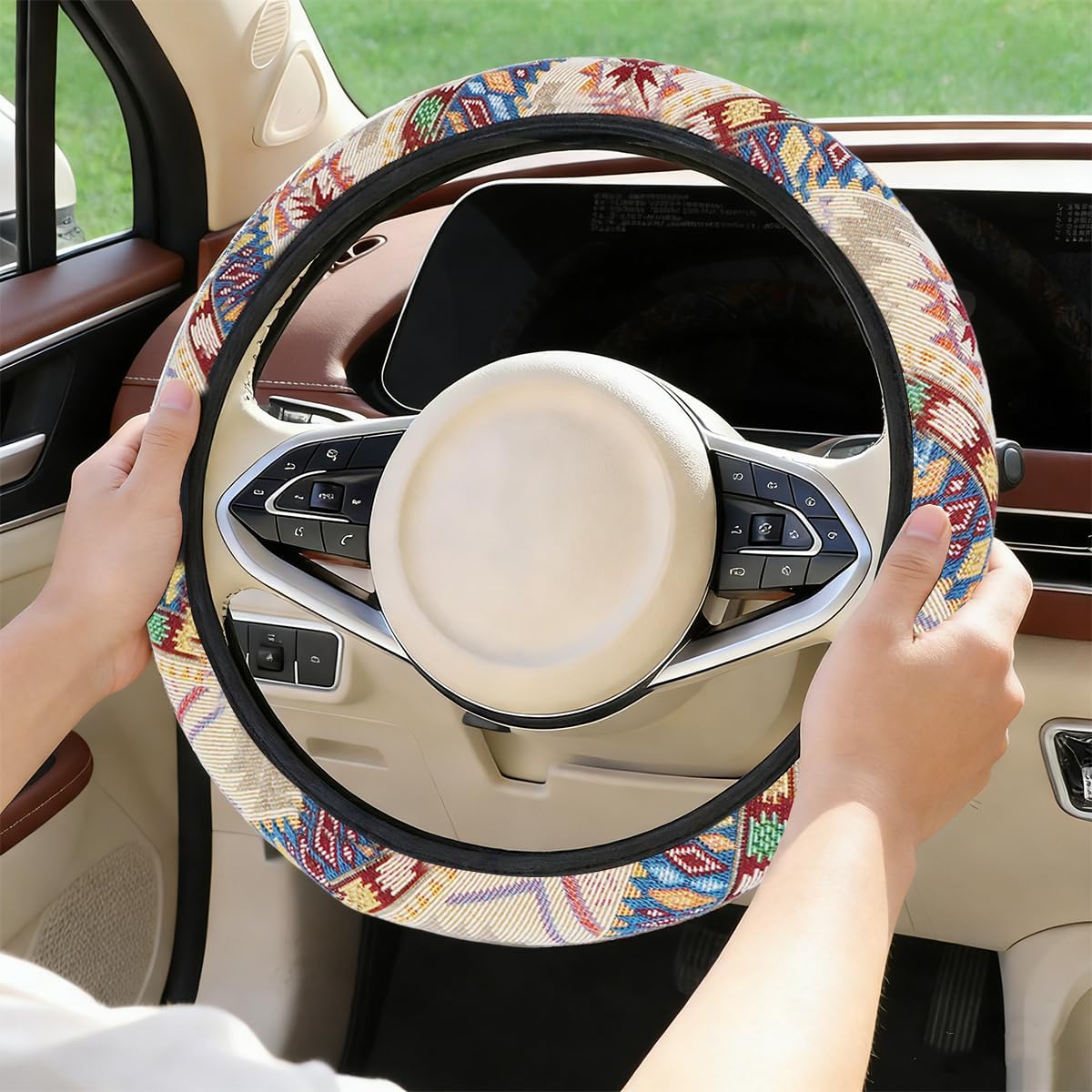 Bohemian Steering Wheel Cover 14"-15" Steering Wheel Accessories Boho Beige | Car Steering Wheel Covers for Women Cloth Ethnic Style Cotton Linen Universal Size Round/D-Type/Double D-Type Steering Wheel