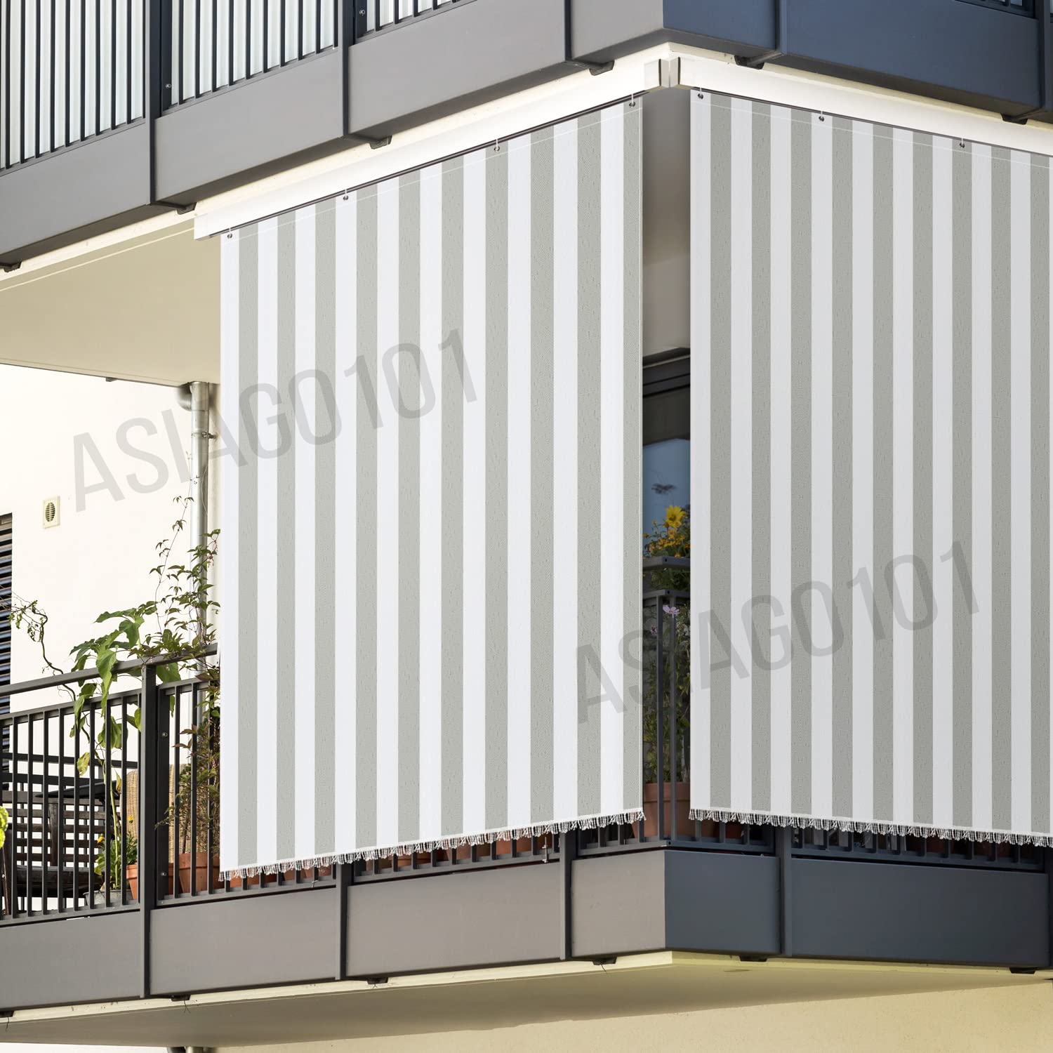 Toldo de sombreo casa Oficina con Kit Ganchos Anillas Tejido Resistente antidesgarros para Exterior Porche balcón Puerta Ventana jardín cenador Lavable Color Gris y Blanco a Rayas 145 x 250 cm (9)