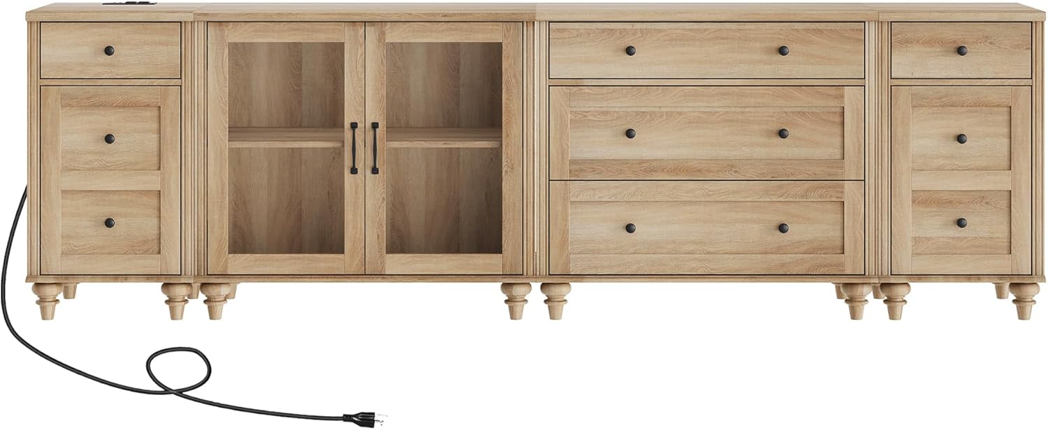 WAMPAT Sideboard Buffet Cabinets with Glass Door, Kitchen Storage Cabinets with Charging Station, Wood Coffee Bar Table with Adjustable Shelf & 5 Drawers for Dining Room, Living Room, Bedroom, Oak