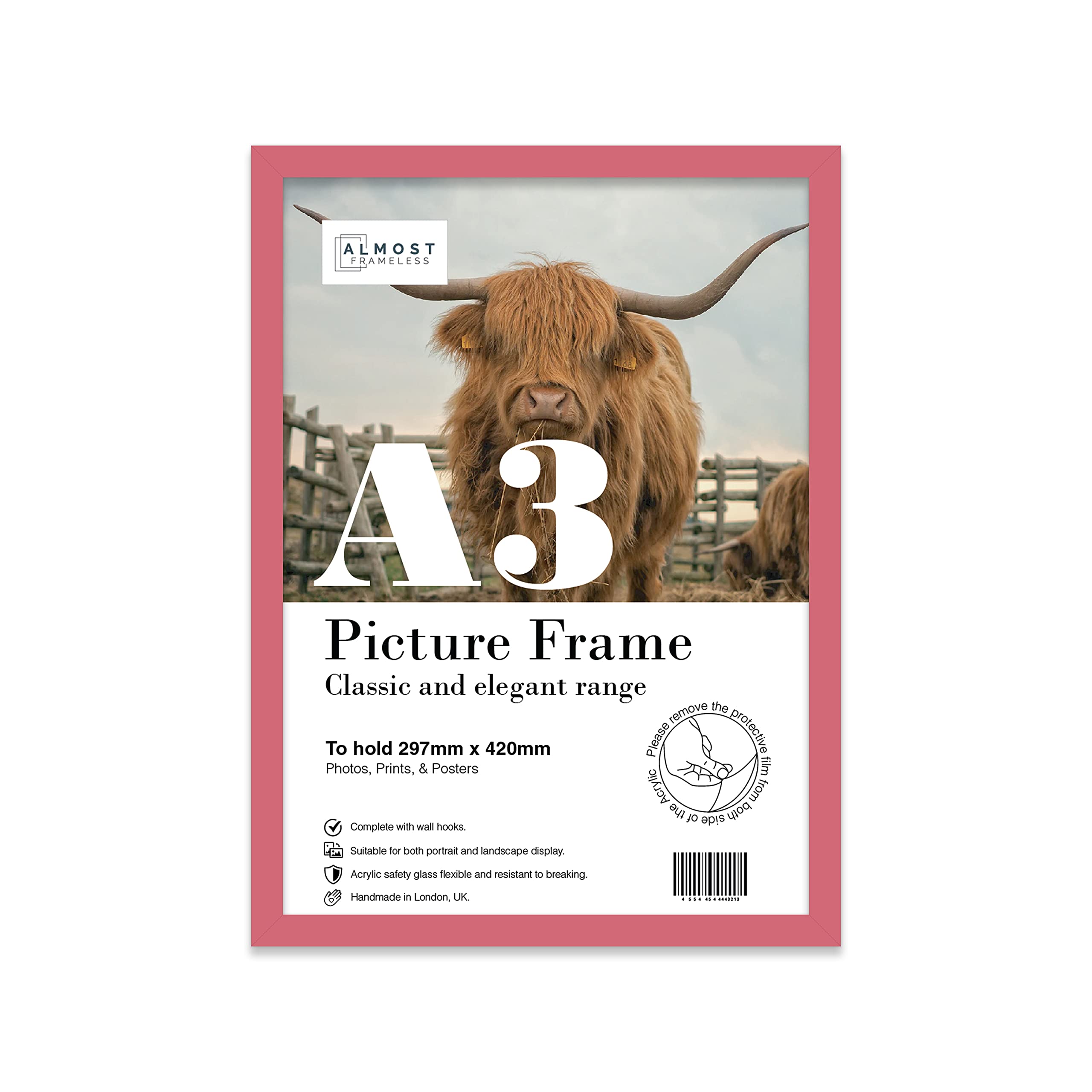 Almost Frameless A3 Pink Picture Frame, Fits A3 (29.7 x 42cm - 11.7 x 16.5in) Poster, Photo, or Print. Portrait and Horizontal Wall Hooks