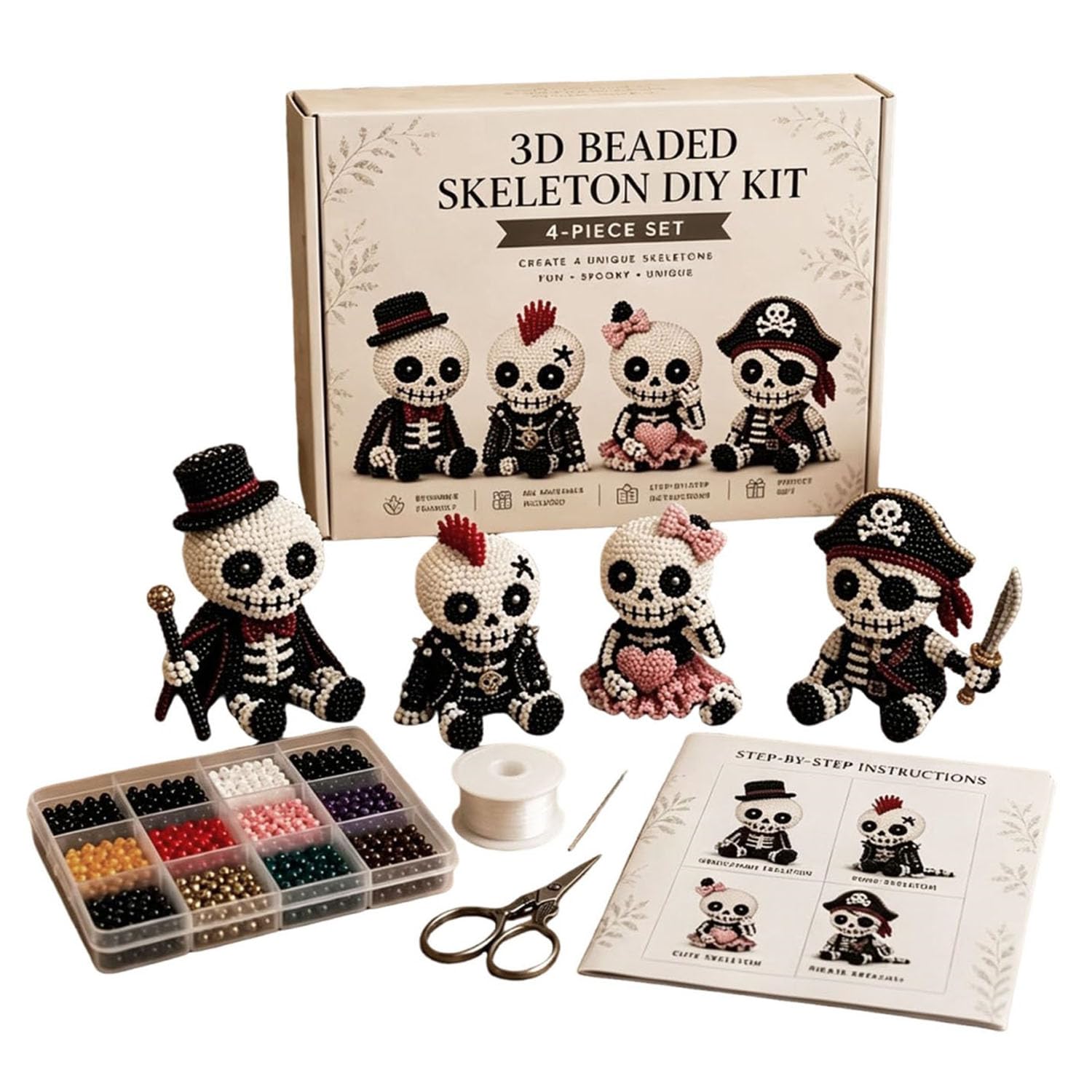 HOLVA 3D Beaded Skeleton DIY Kit, 2026New Halloween Bead Embroidery Kit, 4PCS 3D Gothic Skeleton Beading Crafts with Instructions, DIY Beading Gifts for Craft Enthusiasts (B#)