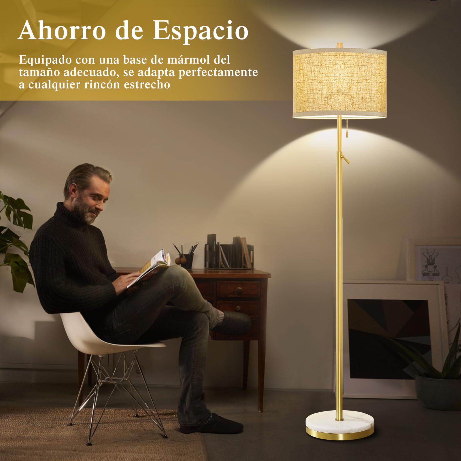 GyroVu Lámpara de pie para salón, dorada, con base de mármol y pantalla de lino, altura regulable con interruptor de cadena, lámpara de pie moderna para salón, dormitorio, hotel y oficina