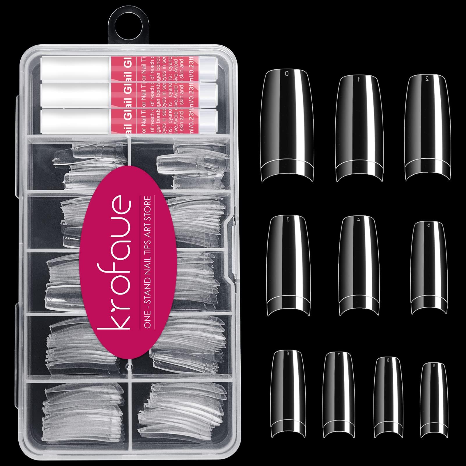 100PCS Clear False Nails Tips and Nail Gule Kit, Half Cover Lady French Style Acrylic Artificial Tips 3Pcs Nail Glue for Nail Extension kit Nail Tips Art Salons and Home DIY