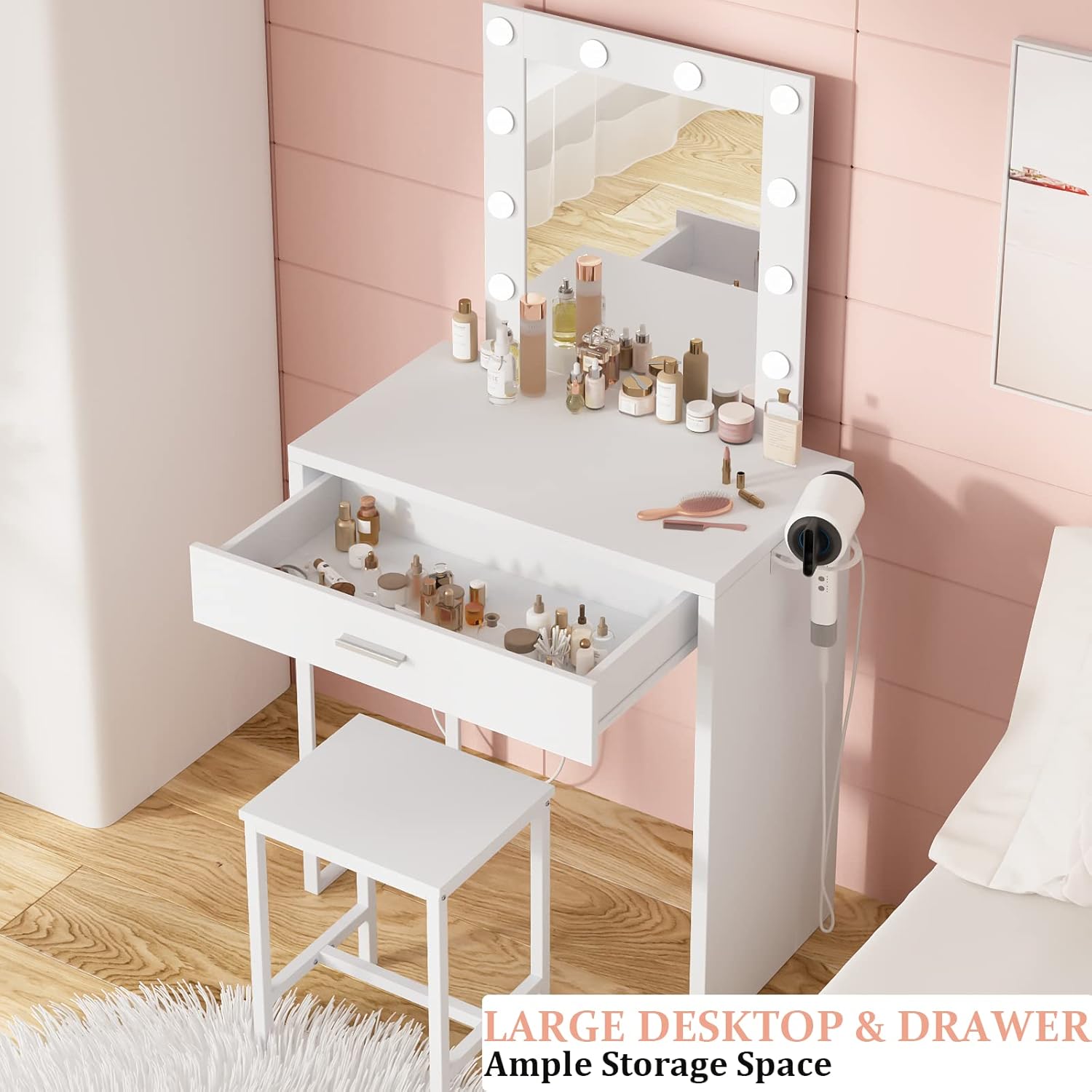 Small Makeup Vanity with Mirror and Lights, White Vanity Desk with Chair, Brightness Adjustable, Makeup Table Set for Girls' Bedroom