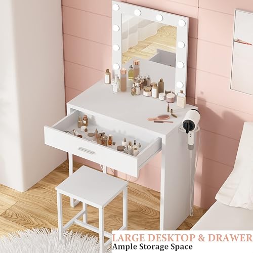 Miniatura 2 de Small Makeup Vanity with Mirror and Lights, White Vanity Desk with Chair, Brightness Adjustable, Makeup Table Set for Girls' Bedroom