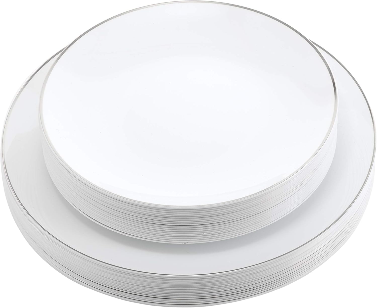 Trendables 120 Piece White And Silver Rimmed Elegant Premium Quality China Like Disposable Wedding Dinner Plates And Cutlery Set Including Forks Knives Spoons and Tea Spoons For 20 Guests