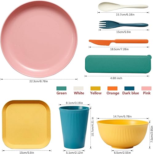 Miniatura 2 de Juego de vajilla de paja de trigo, 48 piezas, platos irrompibles, aptos para microondas, cuencos ligeros y reutilizables con platos, tazas,