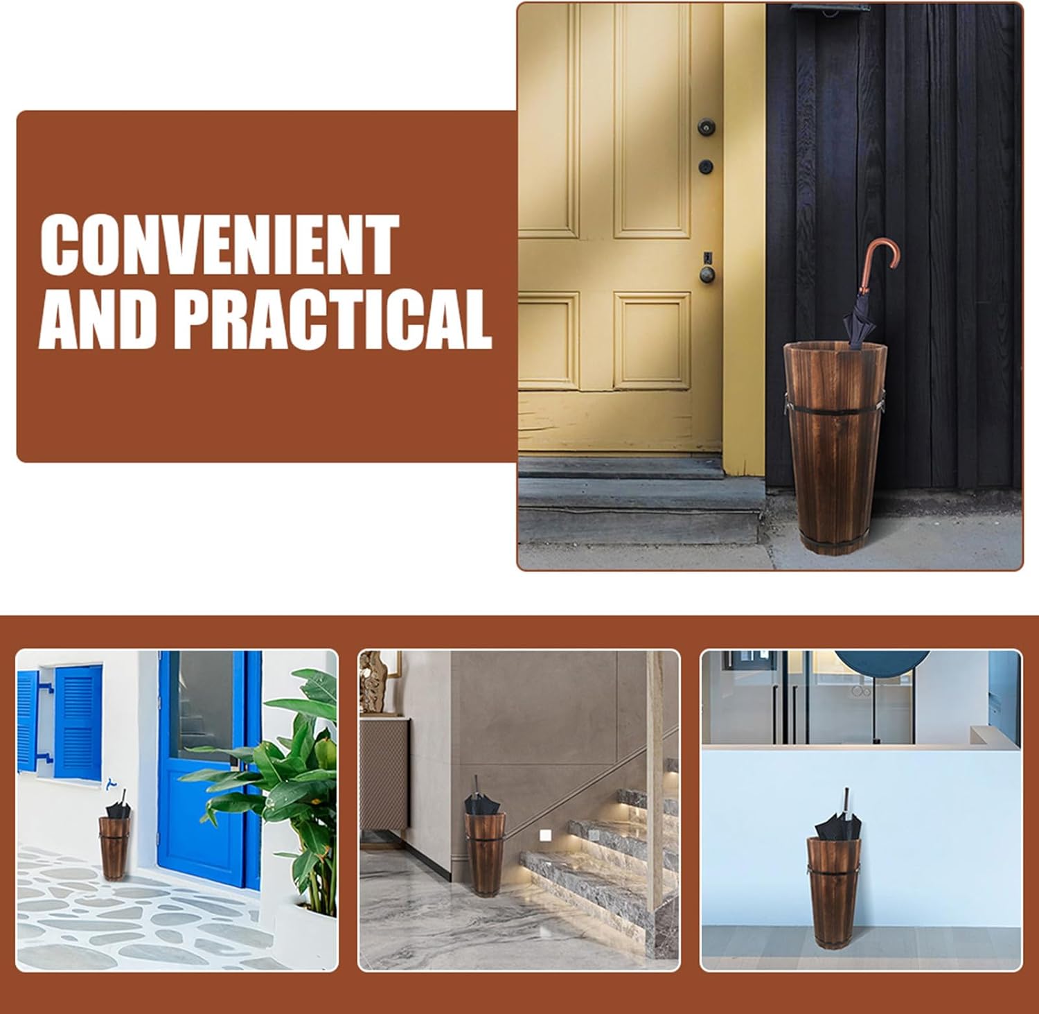 Sturdy Wood Umbrella Stand Multi-Compartment Design and Compact Footprint for Hallway
