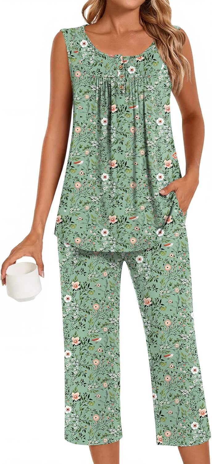 Bestbee Women's Sleeveless Pajama Sets 2 Piece Sleepwear Summer Lounge Outfits Henley Tanks Capri Pants Ladies Pjs