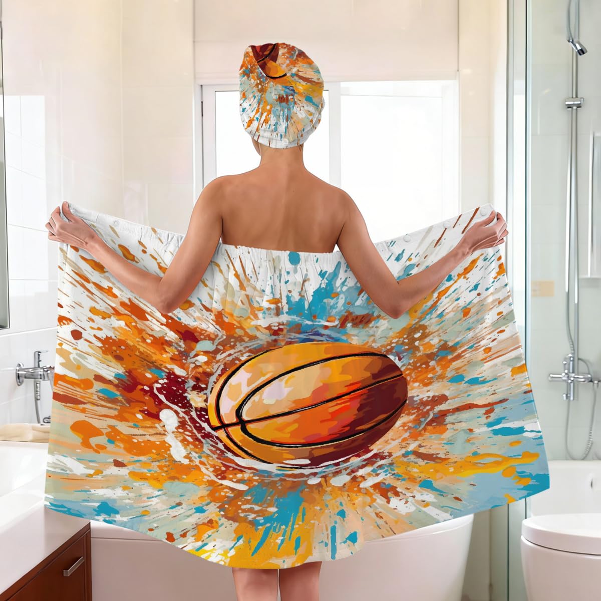 Mikrofaser-Duschtuch für Damen, mit Haar-Handtuch, Aquarell-Spritzer, Basketball, weiche Körperwickel, Kleid mit Haartrocknungskappe für Strand, Pool, Spa, 2 Sets