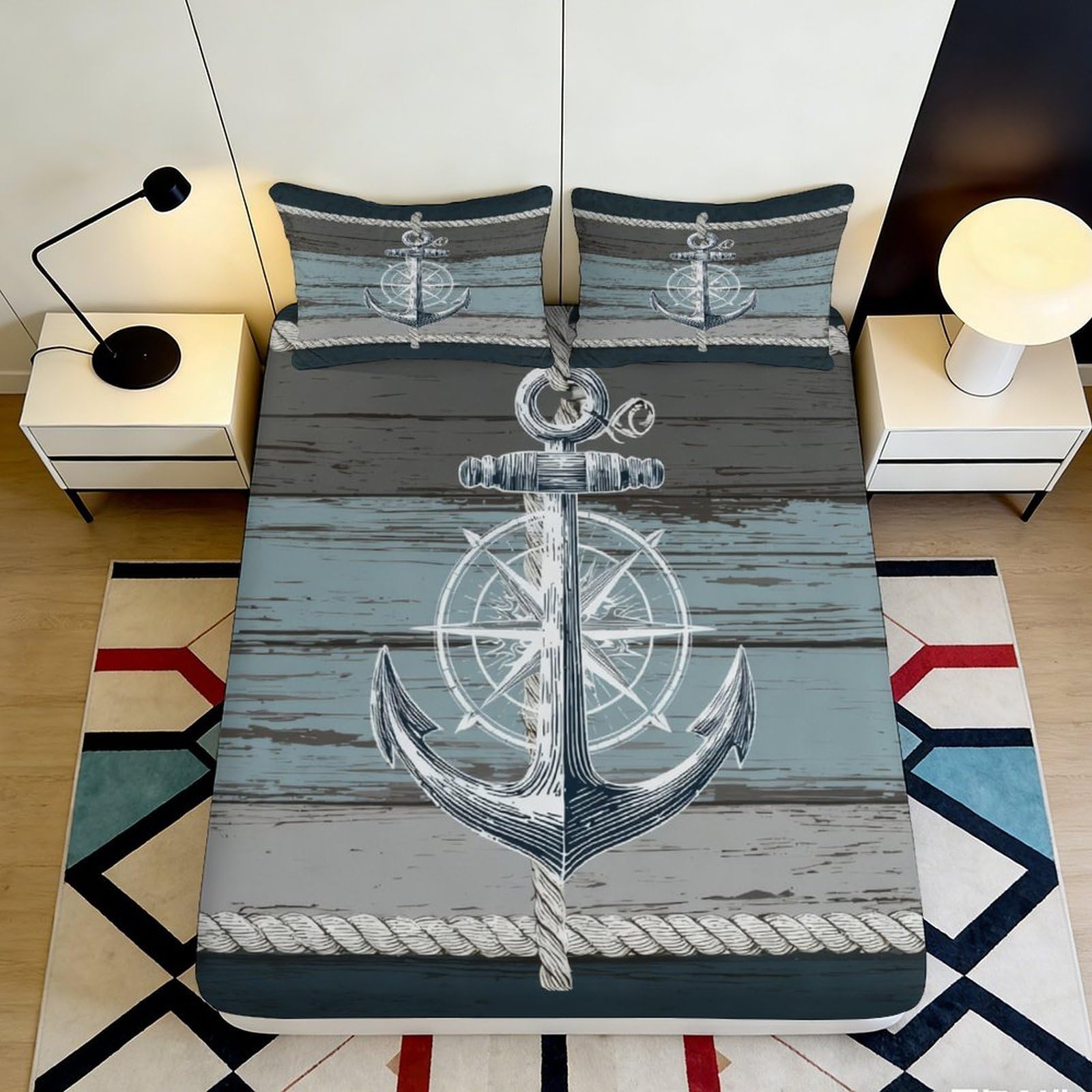 3D Printed Nautical Anchor Fitted Sheet Microfiber Soft Durable Coastal Pattern Bed Cover for Bedroom Dormitory Guest Room Mattress Protection 180x200x25cm
