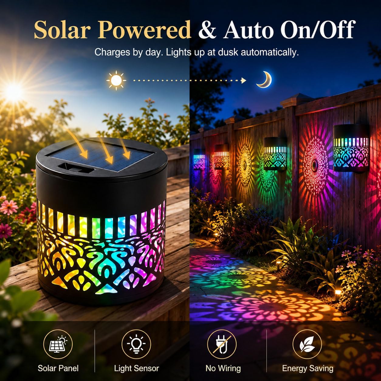 Solar Mandala Wall Light, Solar Mandala Projector Light Outdoor, Dazzling Decorative Waterproof Fence Lights for Patio, Backyard, Fence, Deck, Porch, Yard Pathway Decor (4PCS)