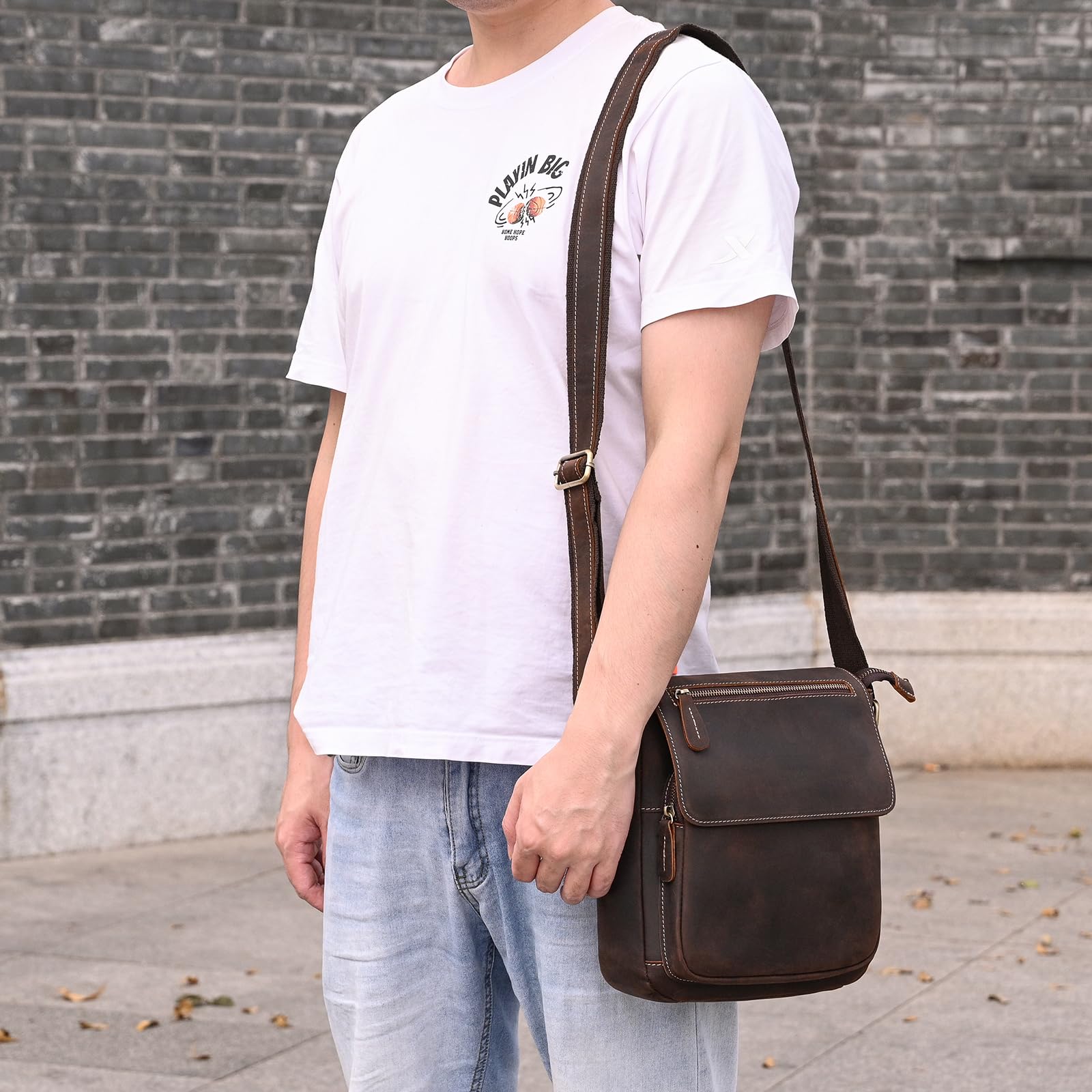 Sac Croisé pour Hommes Cuir Véritable Sacoche Bandoulière Vintage Petit Sac pour iPad 9,7 Pouces Business Sacs à Bandoulière