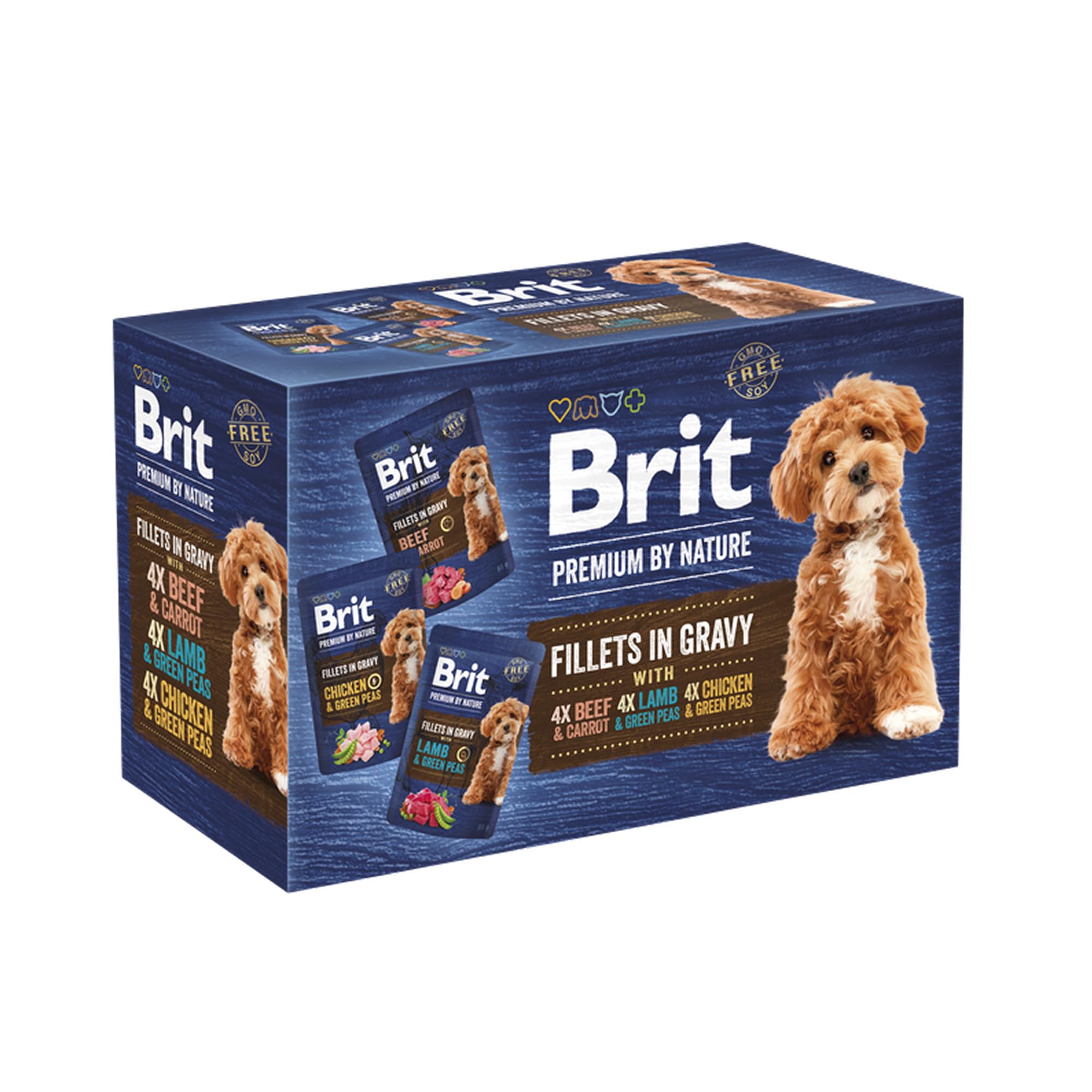 Brit Premium by Nature zestaw mokrej karmy dla dorosłych psów, 3 x filety w sosie, kurczaku, wołowinie i jagnięcinie, pełna karma, 12 x 85 g