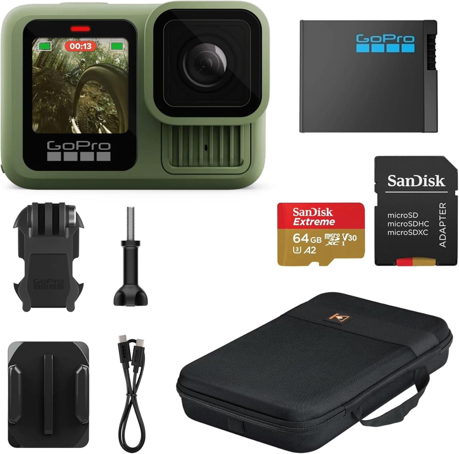 GoPro HERO13 Black - Waterproof Action Camera with 5.3K60 Video, 27MP Photo + Compatability with HB-Series Lenses + Sandisk 64GB SD Card + Slinger Case Cameras (Forest Green)