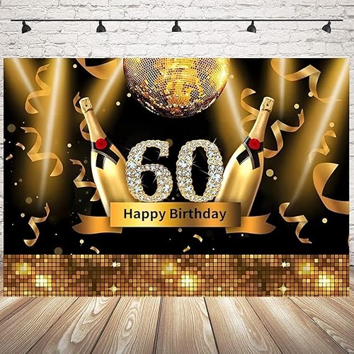 Miniatura 4 de Cinta brillante de 7 x 5 pies, color dorado con texto en inglés "Cheers", con diamantes brillantes y brillantes, número 60, color negro y dorado