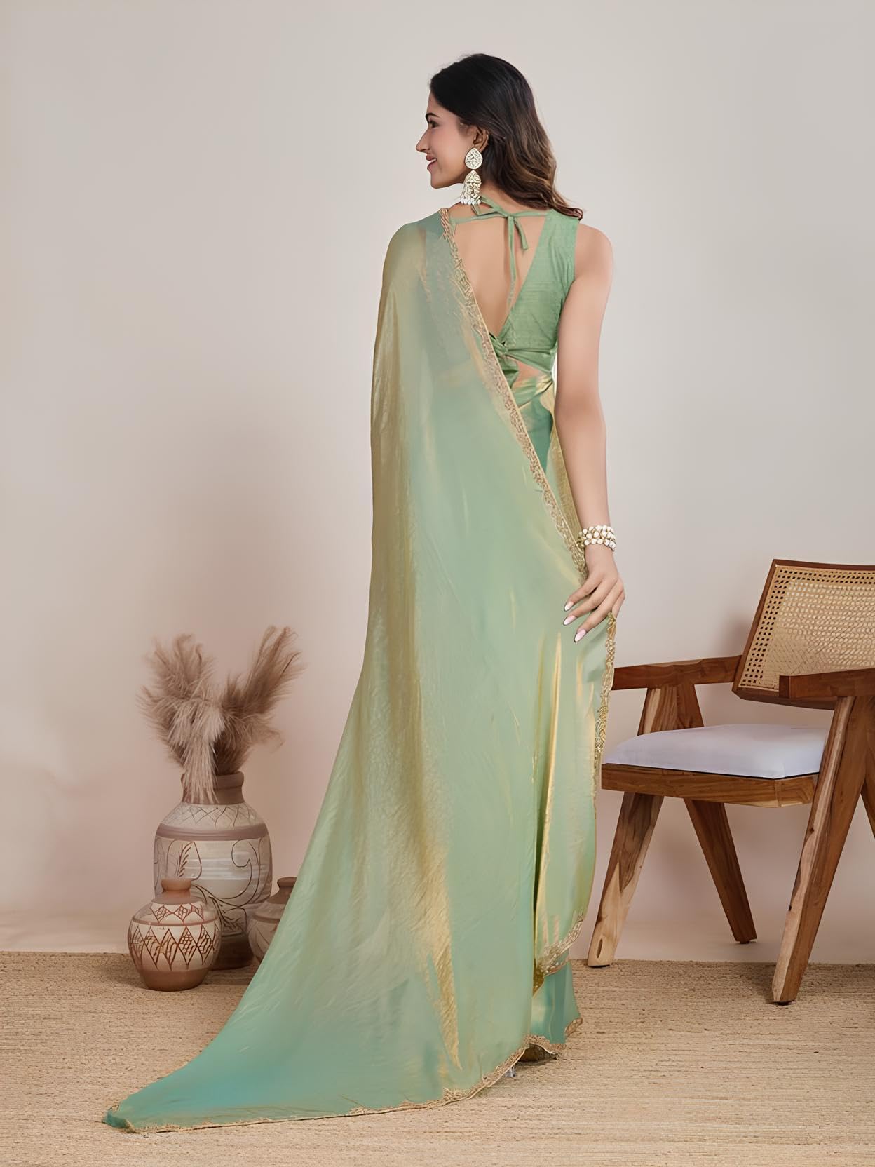 Sidhidata Women's Soft Zimmy Choo Fandy Silk Saree With Hand Work Lace Boarder & Comes With Unstitched Blouse Piece (Chhaava Pista_Pista_Free Size) - Image 3 thumbnail