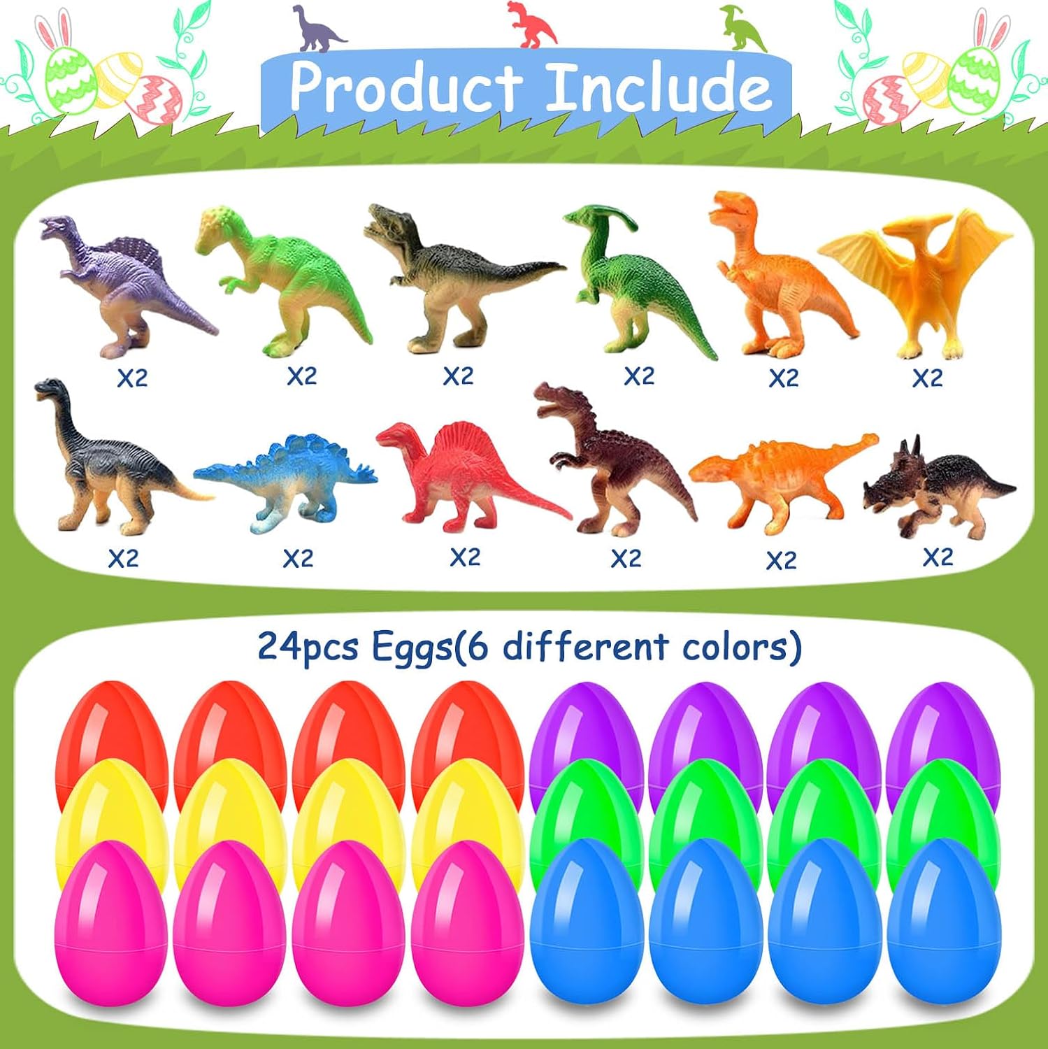 24Pcs Easter Eggs with Dinosaurs Inside, Easter Basket Stuffers Easter Party Favors for Kids, Filled Easter Eggs for Easter Hunt, Classroom Prize Supplies