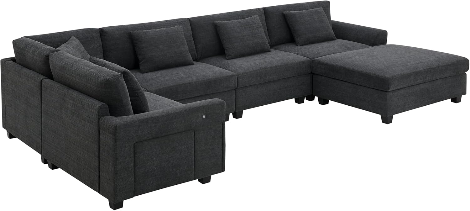 7 Seater Oversized Sectional Sofa Convertible L / U Shaped Couch for Living Room, Chenille Upholstery Reversible Sofa&Couches with Movable Ottoman , Hidden Armrest Storage and Cup Holders,USB Ports