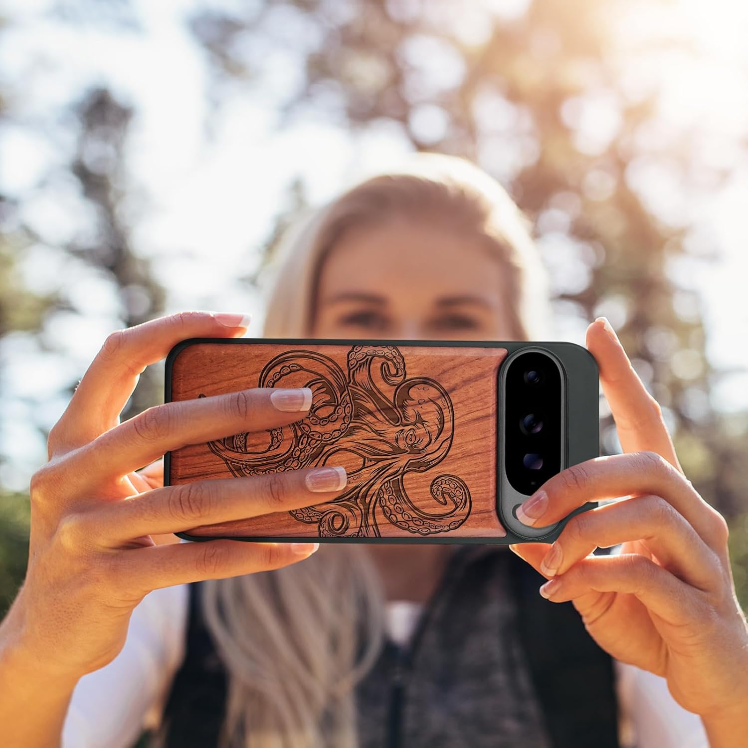 Carveit Magnetic Wooden Case for Google Pixel 10 Pro XL Case, Wood Artisan Engraved & Soft TPU Shockproof Cover, Compatible with MagSafe Wireless Chargers (Octopus Drawing) Rosy