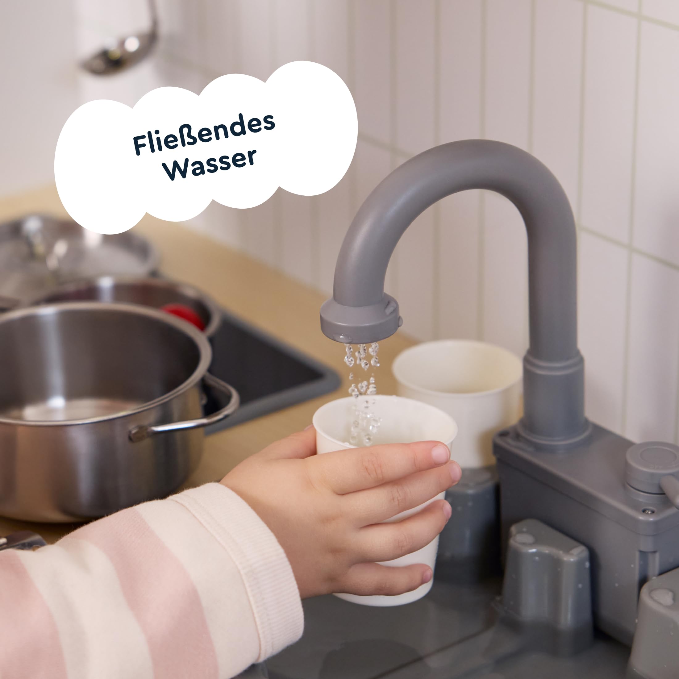 Holzküchenmeister-Küchenzeile mit Spüle, 180 Grad, drehbarem Wasserhahn, Höhenverstellbarer Spielset für Kleinkinder ab 3 Jahren, interaktives Kinderküche mit Lichtern und Geräuschen