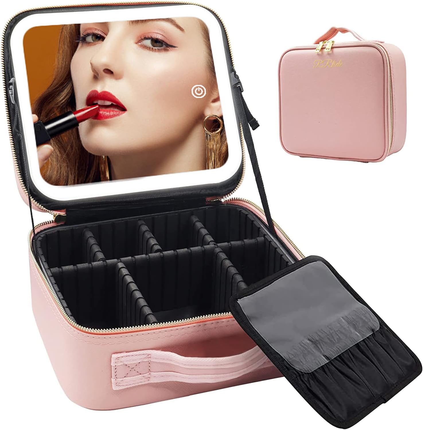 Travel Makeup Bag with LED Lighted Mirror, Adjustable Brightness LED Cosmetic Case with Divider Storage,Waterproof Portable Make Up Travel Box Accessories And Tools Case