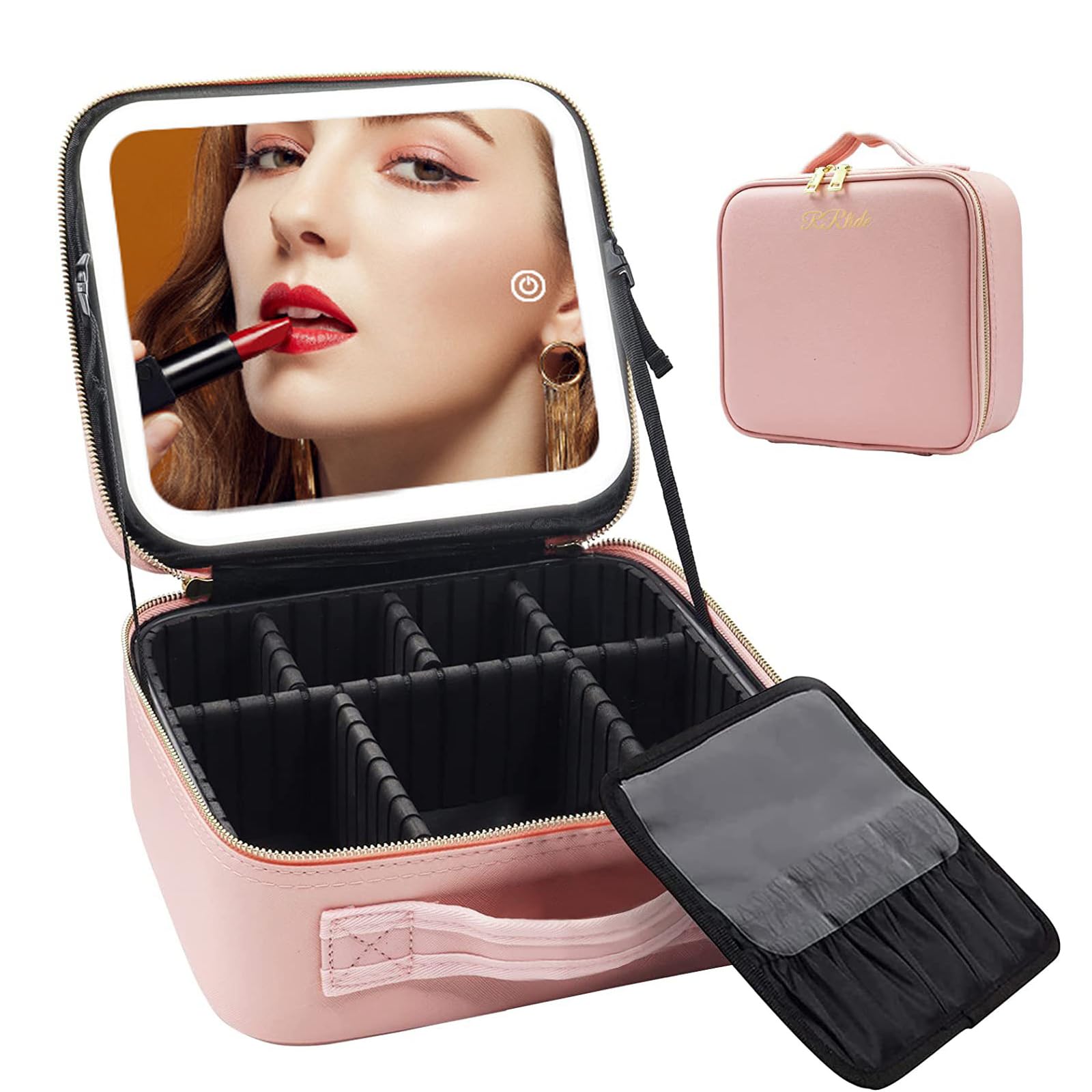 Travel Makeup Bag with LED Lighted Mirror, Adjustable Brightness LED Cosmetic Case with Divider Storage,Waterproof Portable Make Up Travel Box Accessories And Tools Case