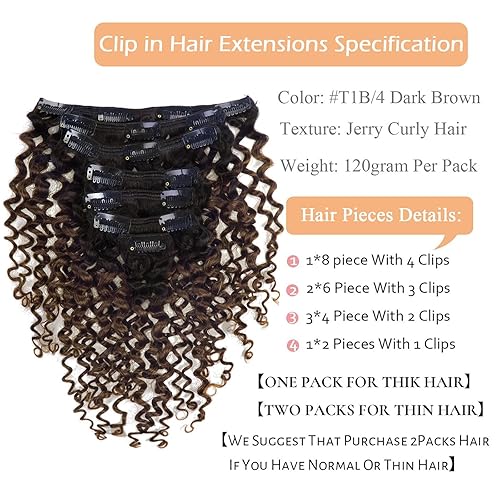 Miniatura 2 de Extensiones de cabello humano rizado tipo afro con clip, de 10-22 pulgadas, 7 unidades, 4.23 oz, extensiones de cabello negro natural, dos tonos,