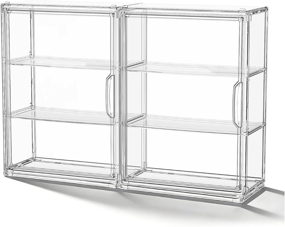 JOYZAN Acrylic Display Case for Collectibles, 2 Packs 3 Tiers Clear Display Case for Figures, Wall-Mounted Storage Box with Magnetic Door, Adjustable Figurine Display Shelf Dust-Proof Showcase